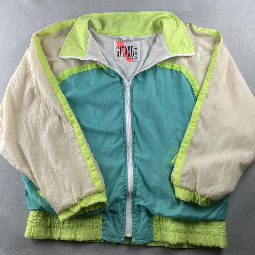 Vintage Gitano Jacket Womens Medium Teal Neon Green Colorblock Windbreaker 80s - Picture 2 of 11